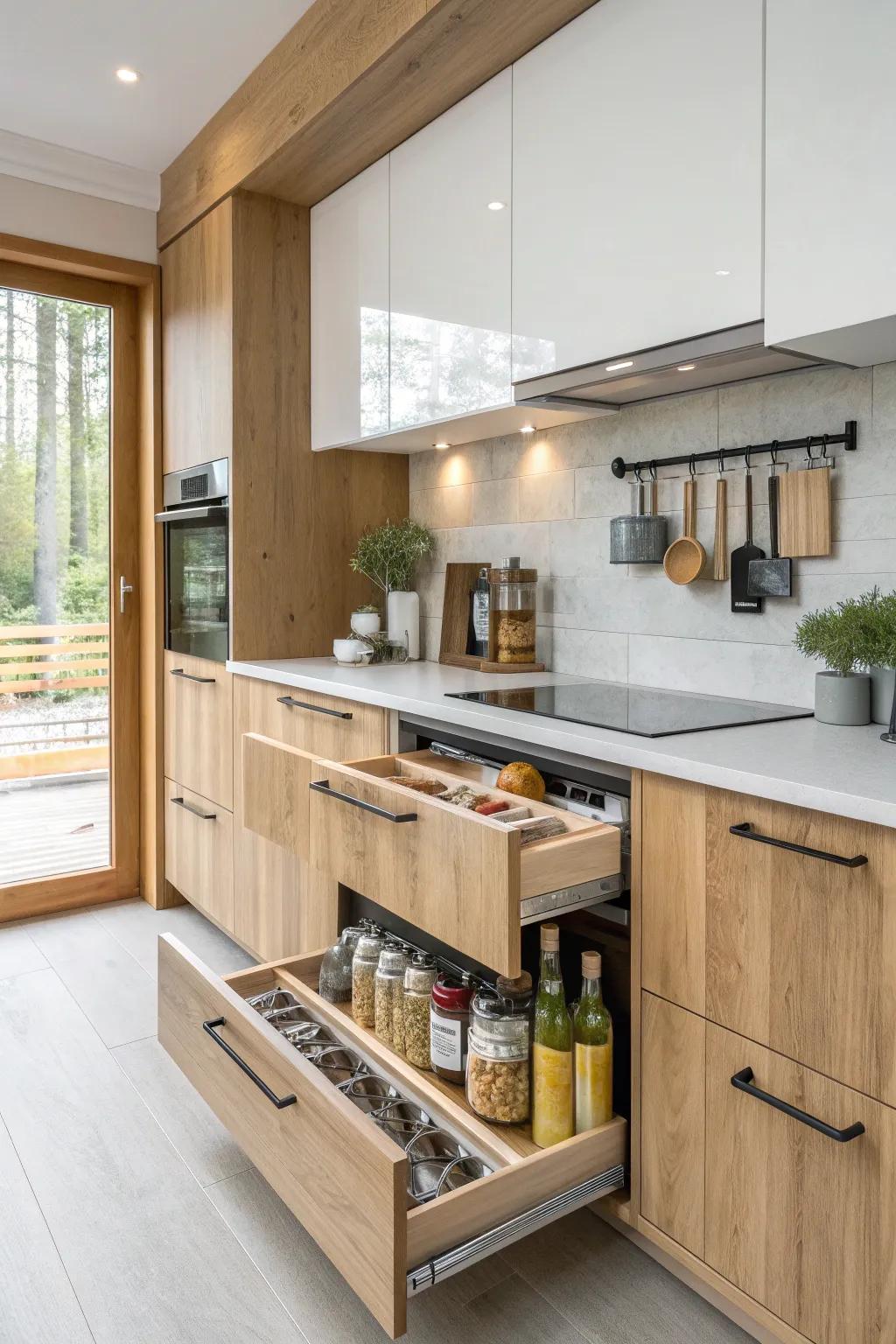 Slide open a world of convenience with hidden storage behind your kitchen backsplash.