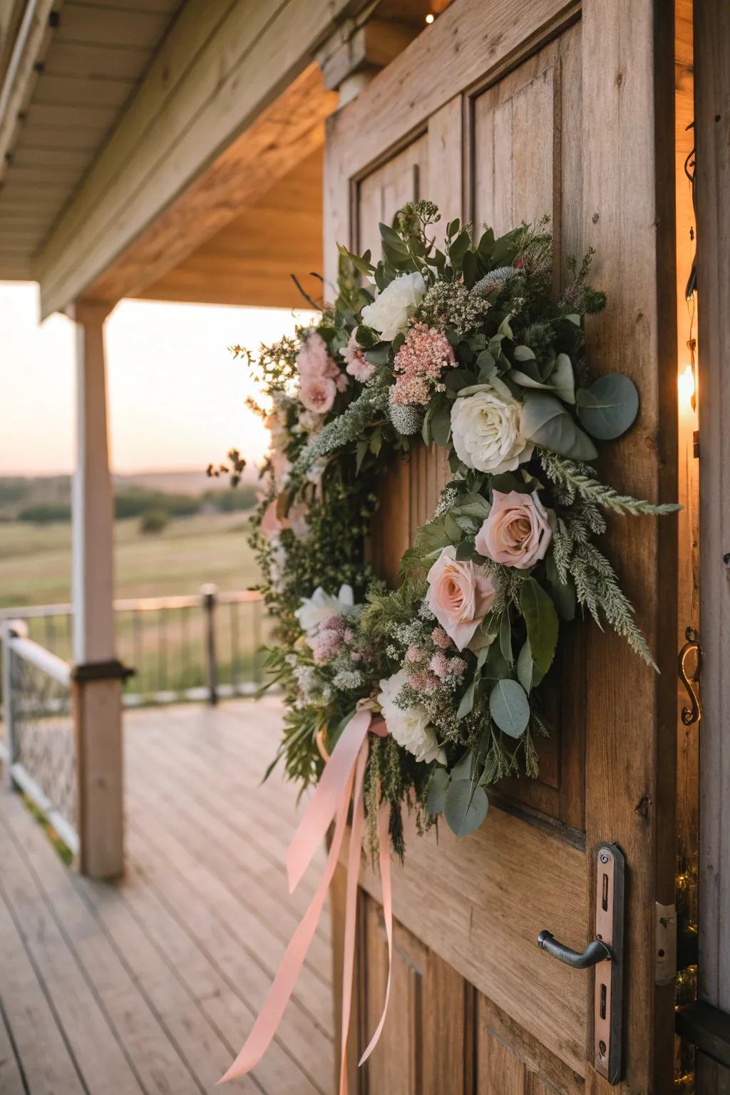 Greet your guests with a stunning floral wreath that celebrates your love story.