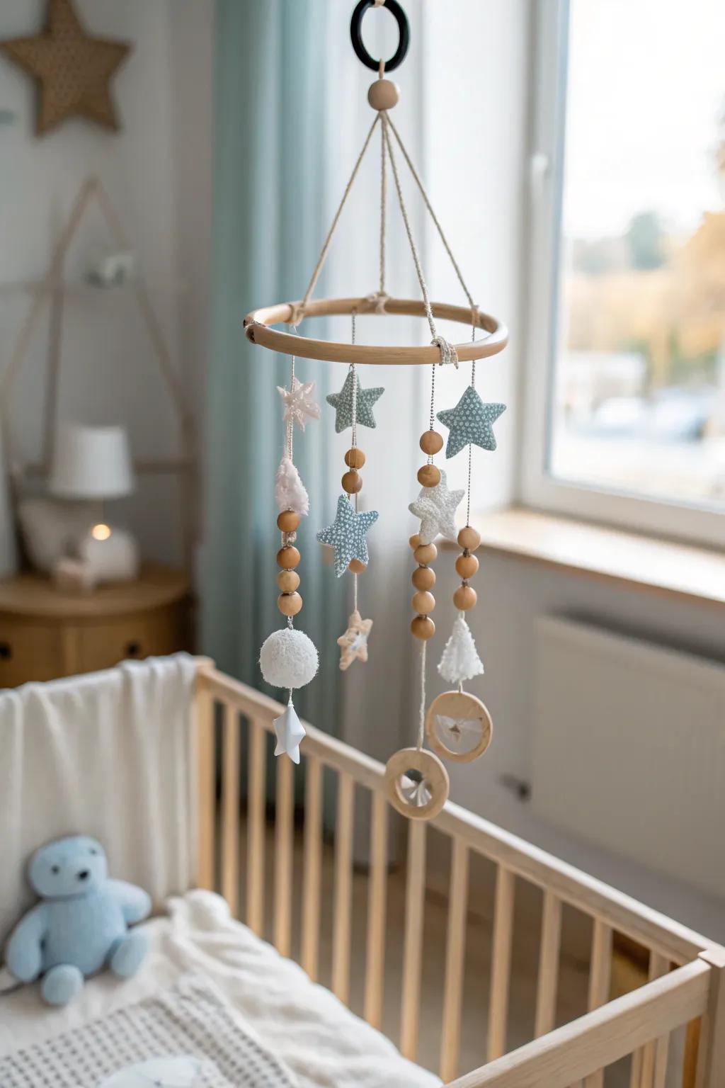 Create a peaceful bedtime atmosphere with a musical mobile that lulls your baby to sleep with soothing melodies.