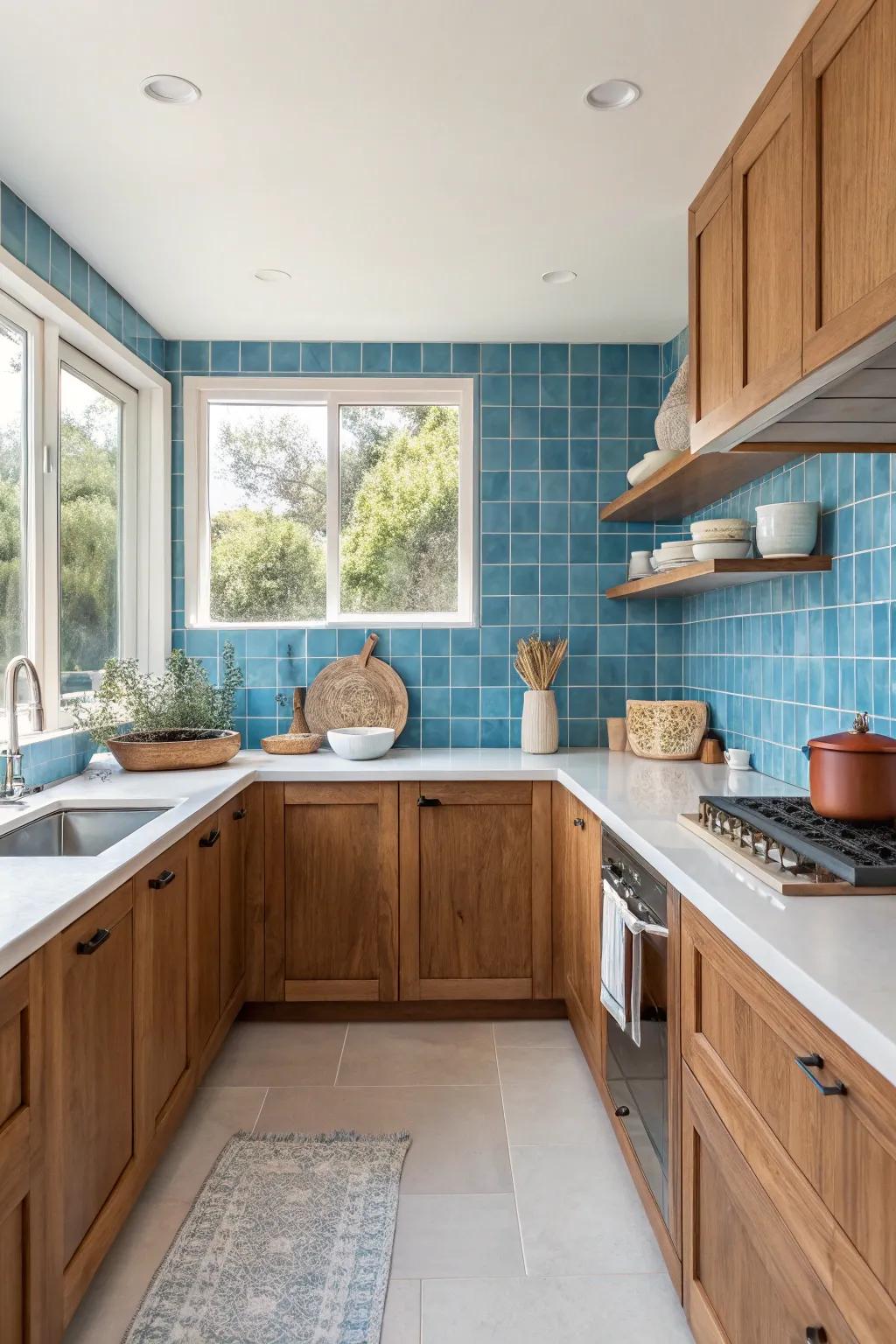 A blue backsplash offers a bold contrast, adding vibrancy to cherry wood.
