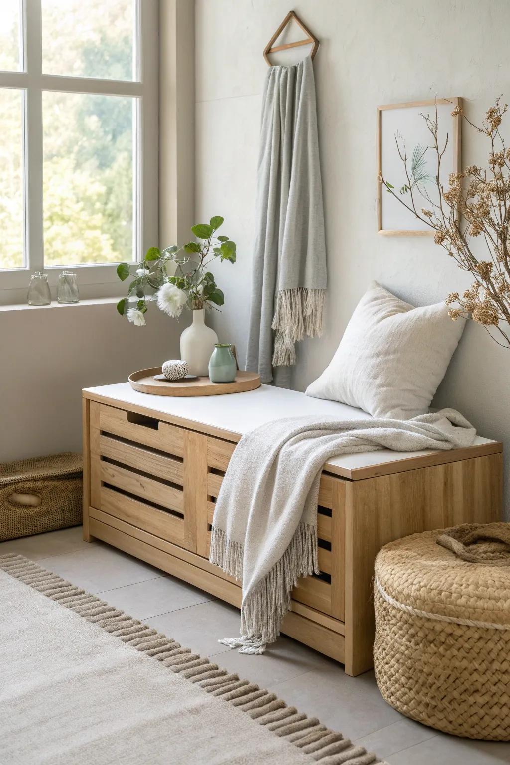 Embrace the beauty of simplicity with a minimalist storage bench that offers peace and order.