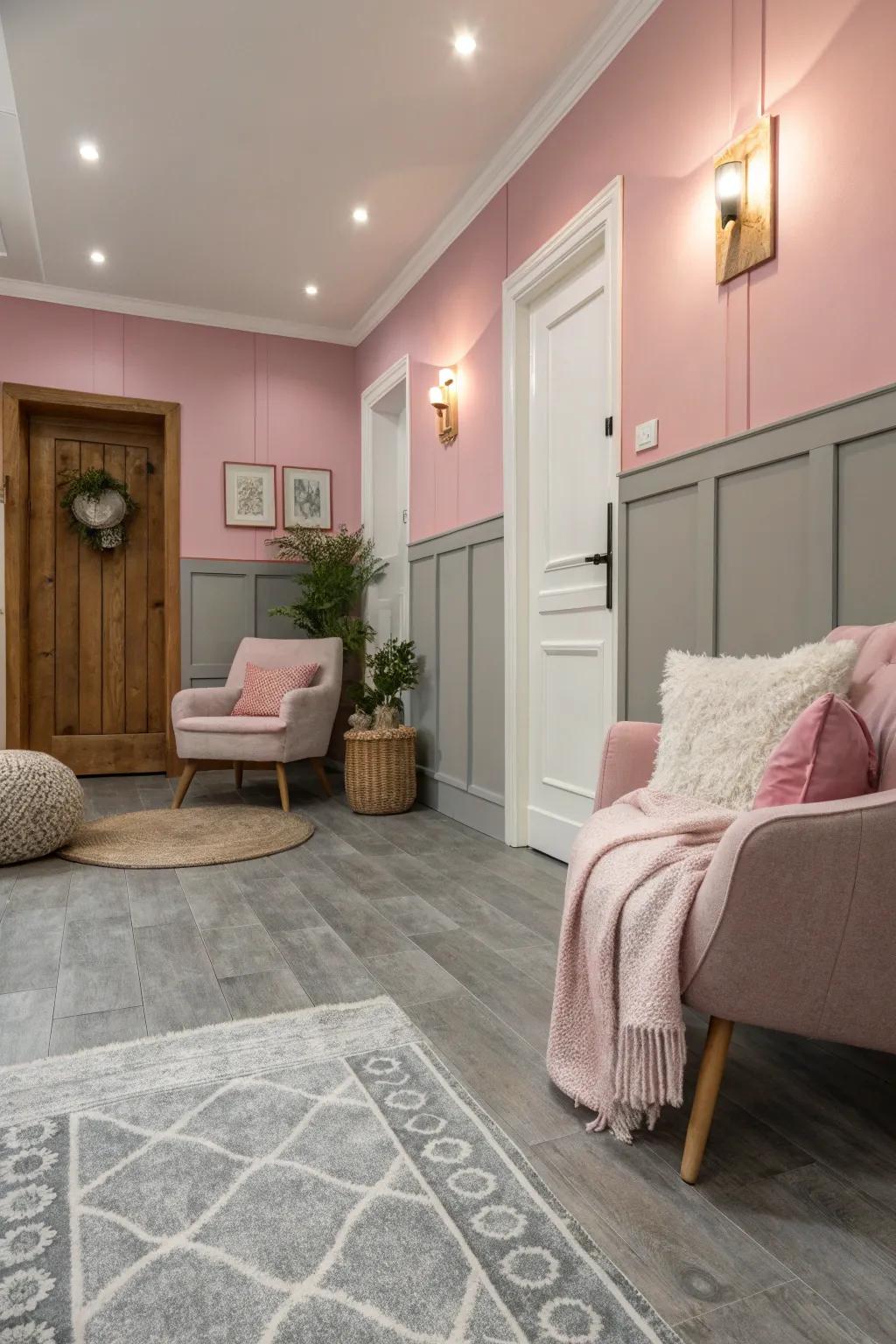 Pastel pink provides a soft, welcoming contrast to gray floors, for a modern and inviting look.