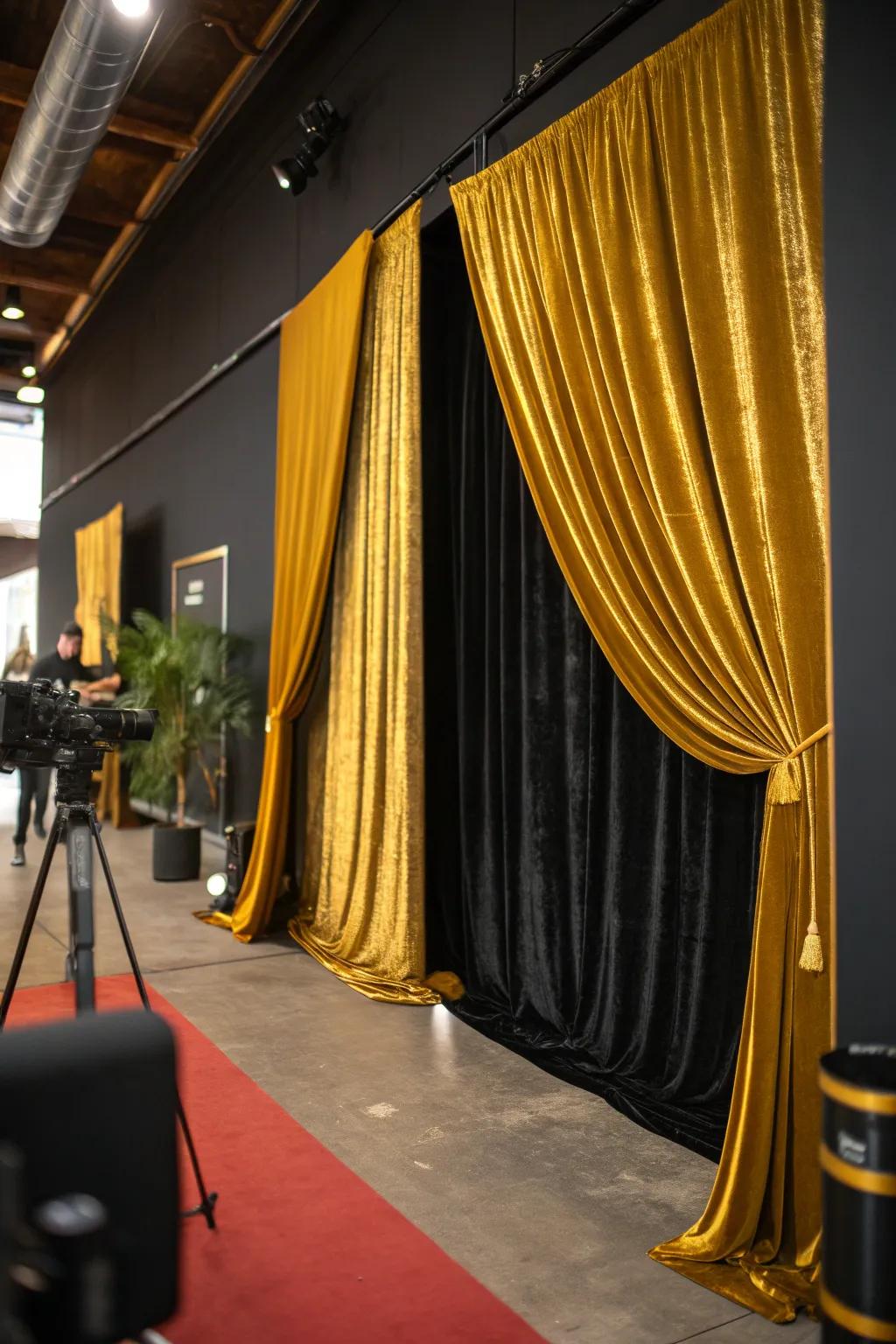 Wrap your space in warmth with rich gold textiles that complement a bold black backdrop.