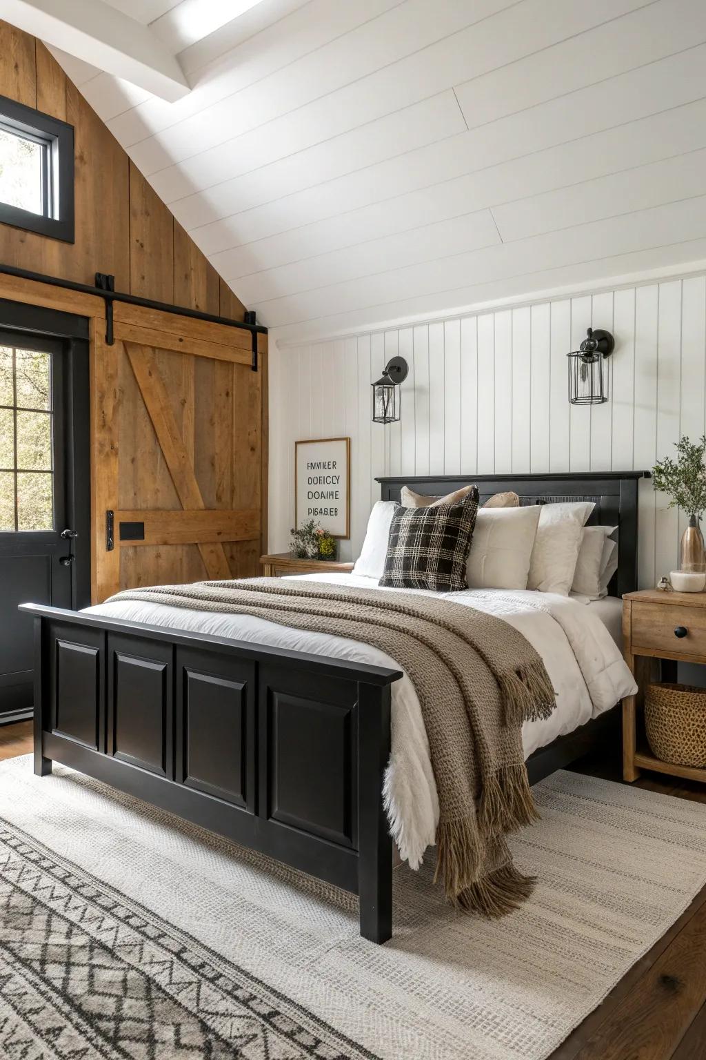 Modern meets rustic in a harmonious blend of styles. #ModernRustic #BedroomCharm