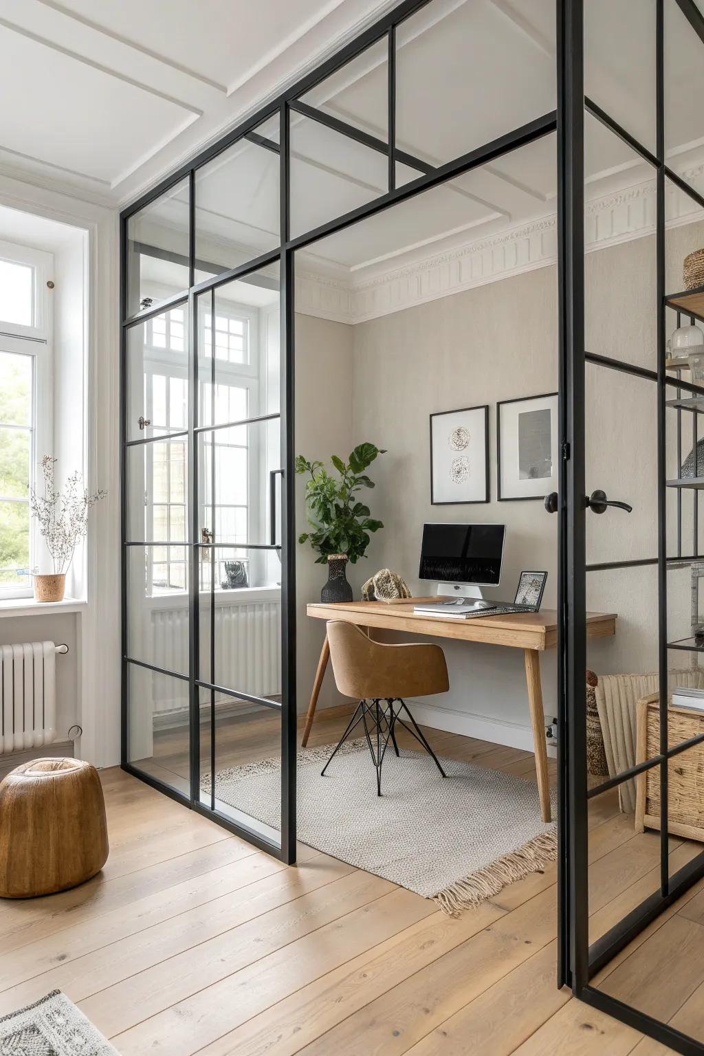 Glass partitions offer privacy while maintaining an open, airy feel.