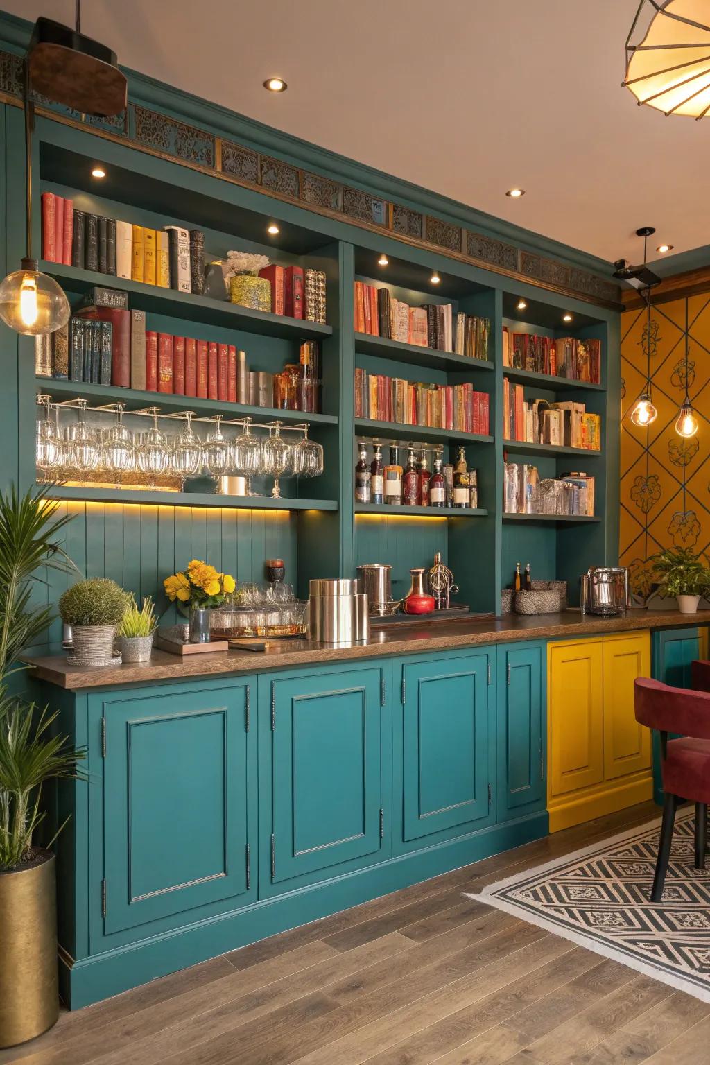 Express your personality with an eclectic bookshelf bar that blends diverse styles into one harmonious space.