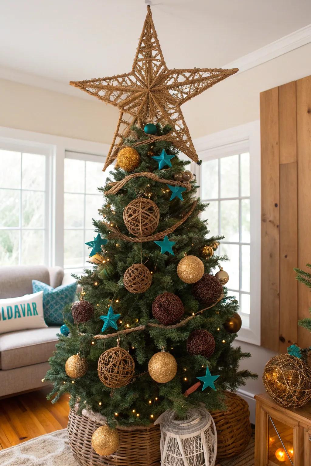 Natural fiber elements create a grounded, earthy vibe on this charming Christmas tree.