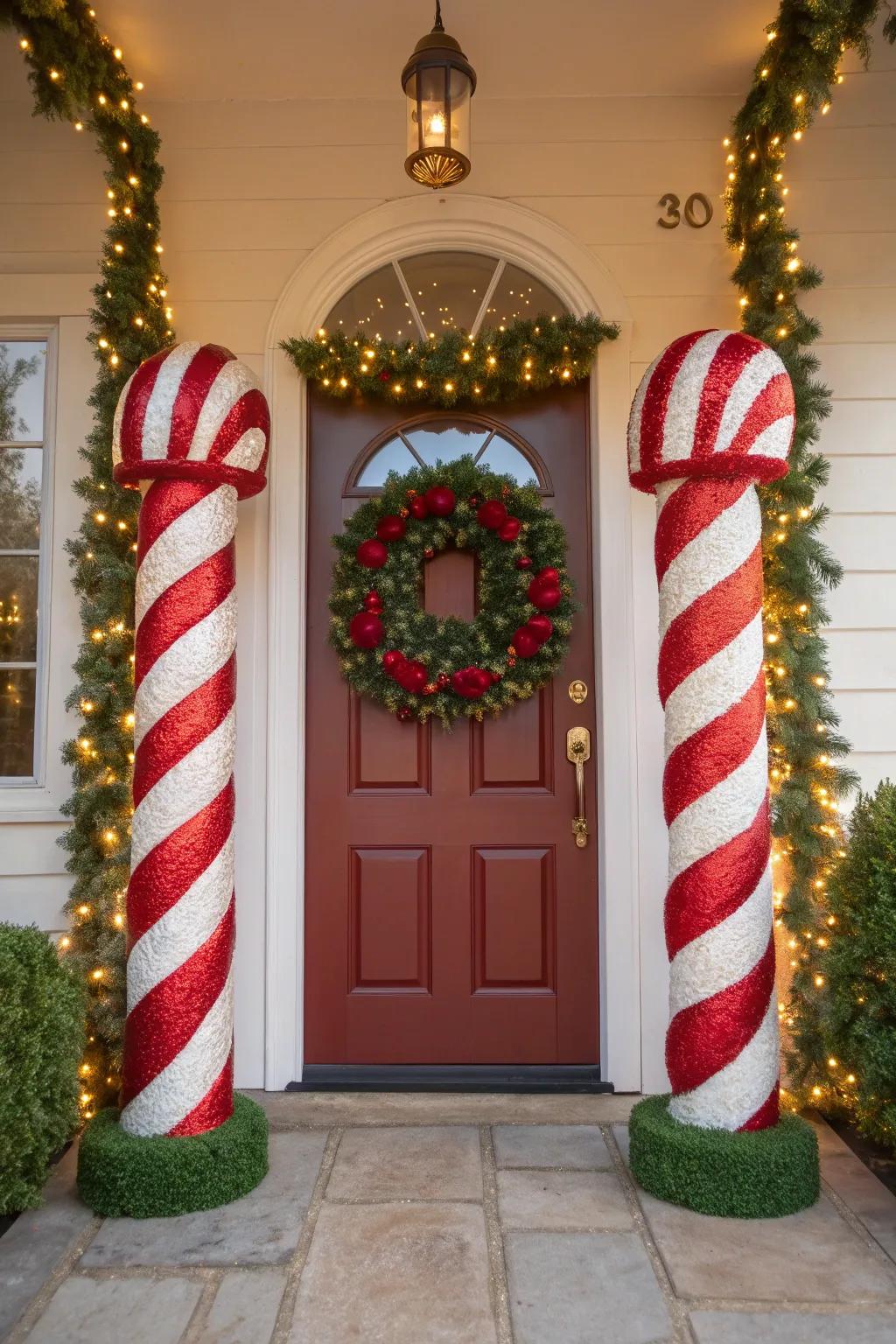 Bring elegance and cheer with candy cane topiary trees that perfectly frame your entrance.