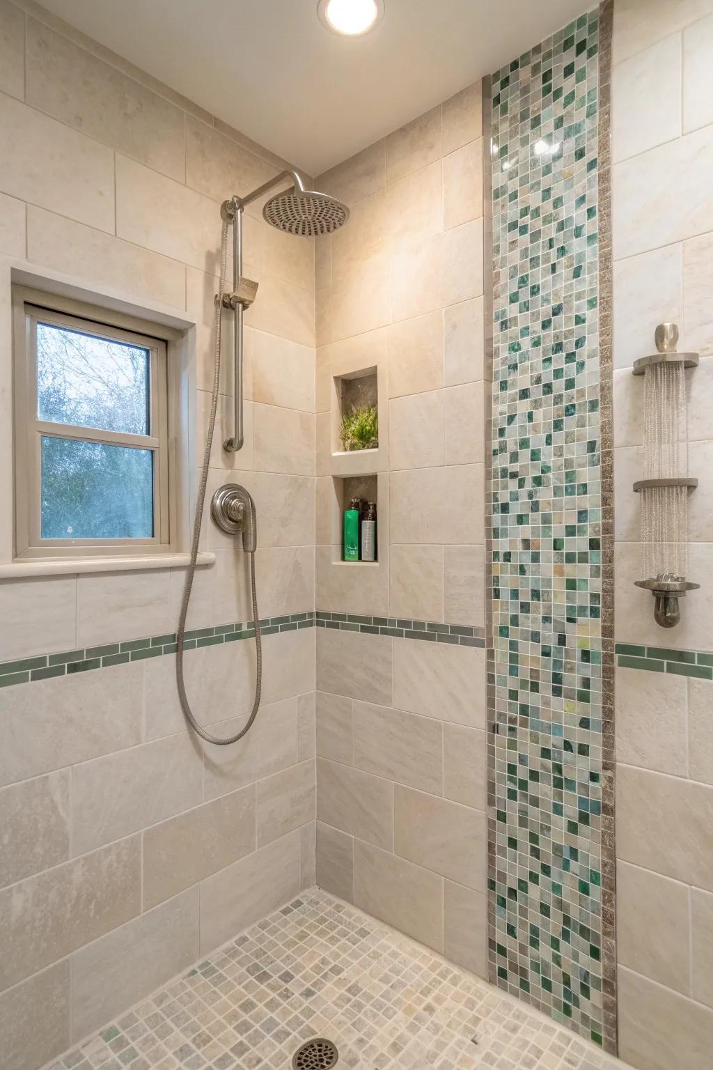 Add elegance with mosaic tile accents. A little goes a long way! ✨ #MosaicMagic #ShowerDecor