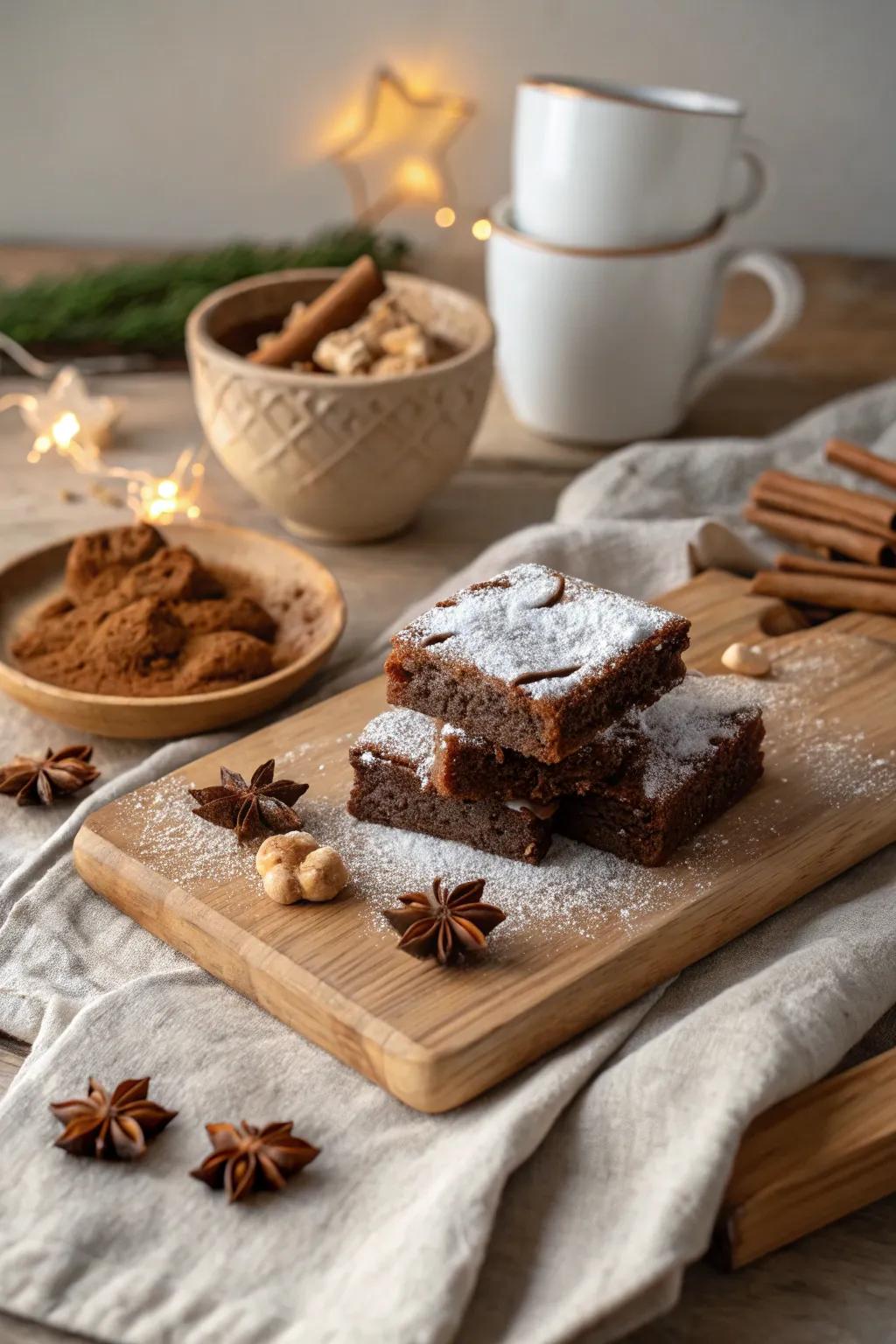 Experience the cozy warmth of gingerbread in every bite of these spiced brownies.