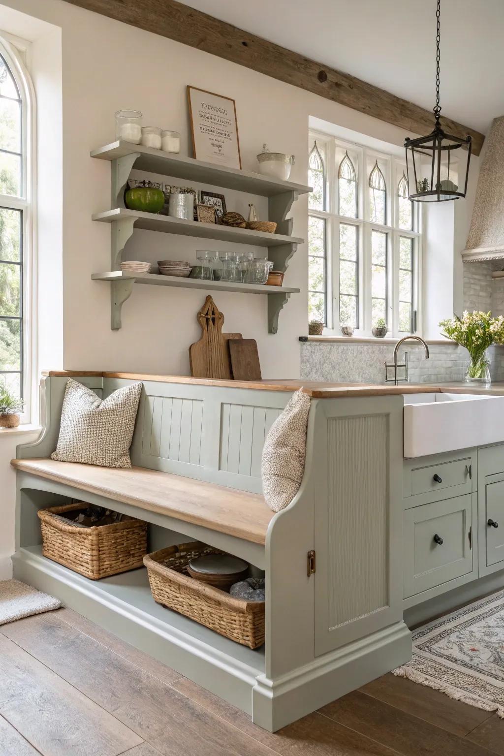 Innovate your kitchen design by using a church pew as the base for a unique island centerpiece.