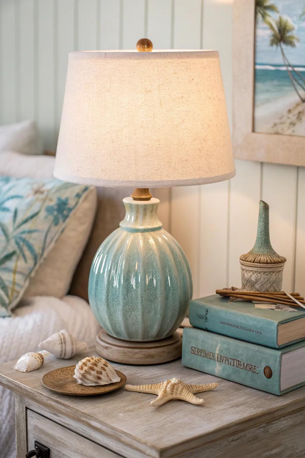 Illuminate your space with a ceramic lamp that complements the coastal palette.