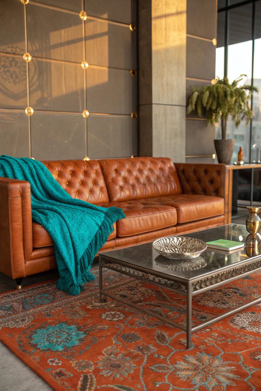 Create visual interest with a mix of materials that complement your cognac couch. #MaterialMix #HomeInspo