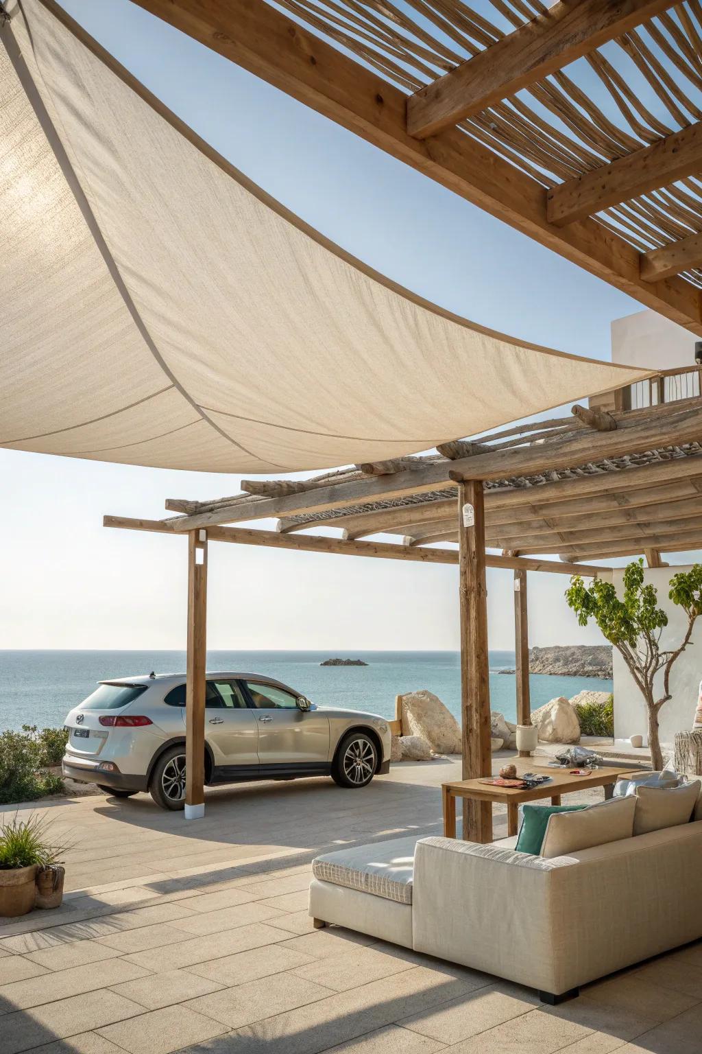 Sail into serenity with shade sails that offer style and comfort for your carport.