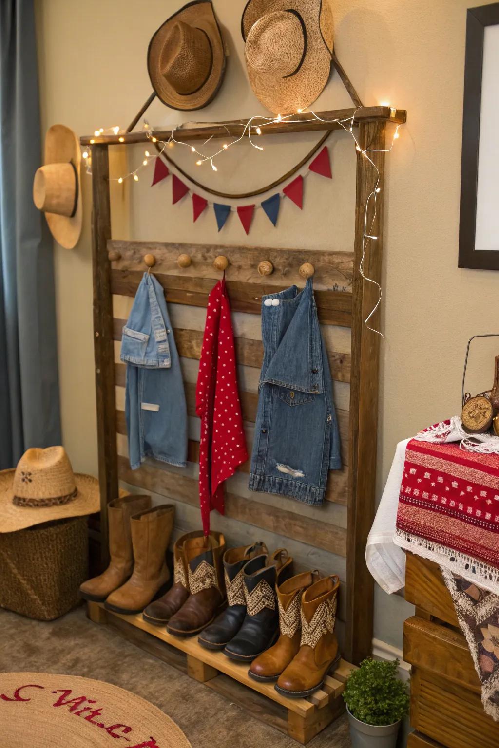 Transform into a cowboy with a fun costume corner that adds a playful touch to the event.