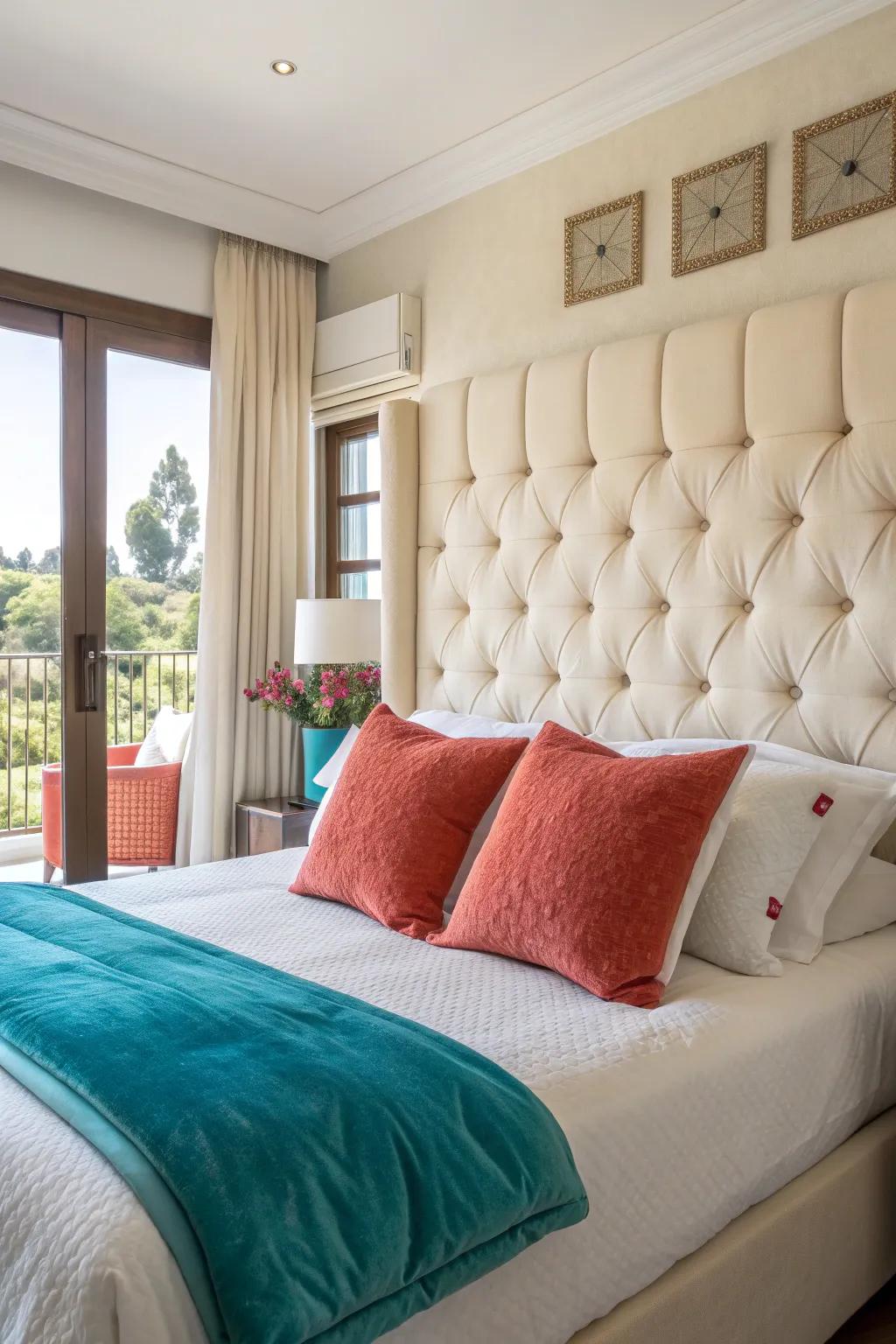 A cream headboard elegantly frames your bed, adding luxury and warmth.