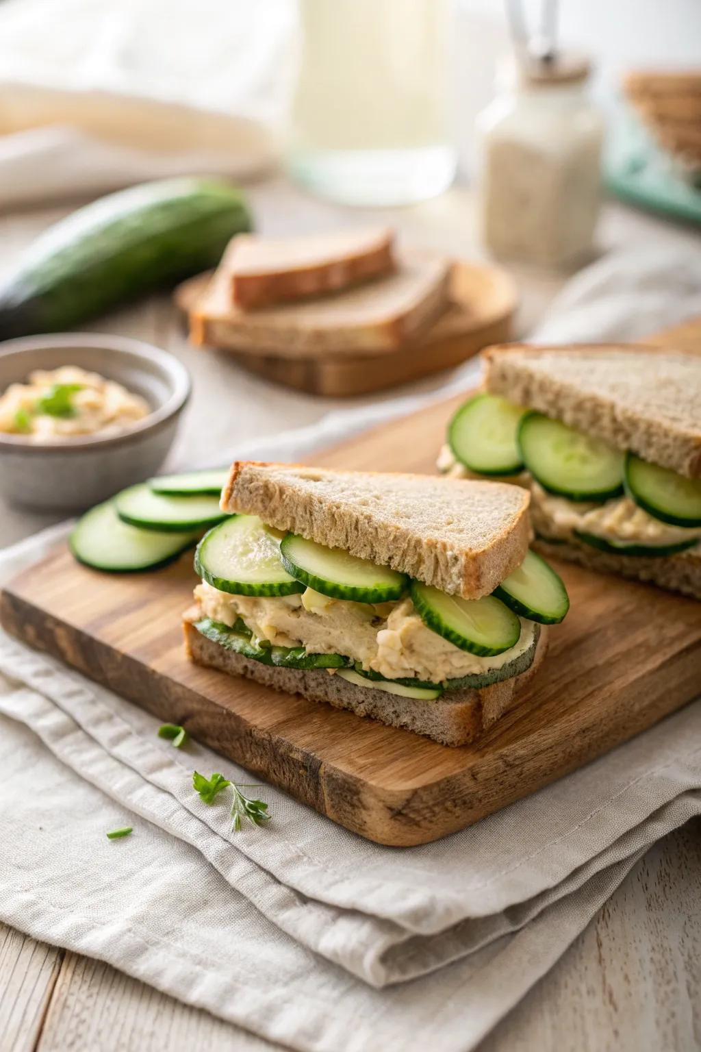 Explore a healthy twist with cucumber and hummus sandwiches.