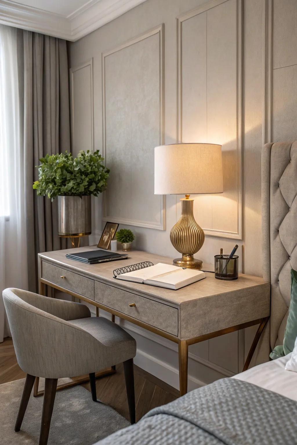 Elegance redefined: A subtle desk complements the serene bedroom environment.