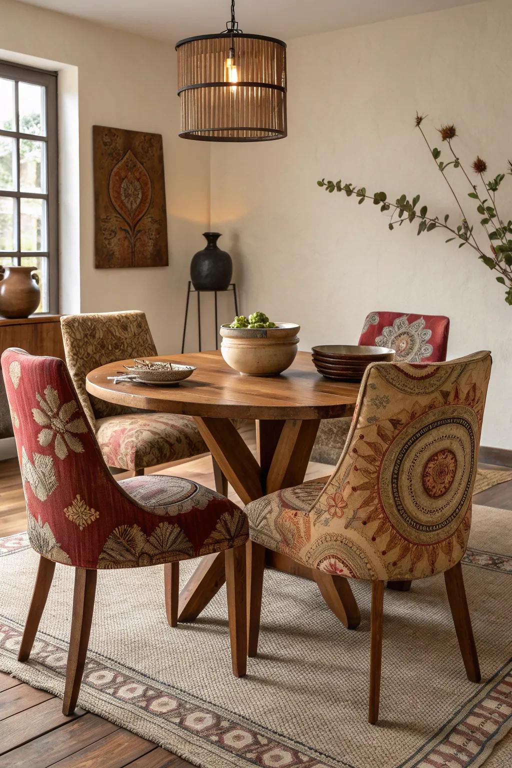 Add an exotic touch to your dining space with globally inspired textiles. 🌍 #GlobalDesign #TextileArt