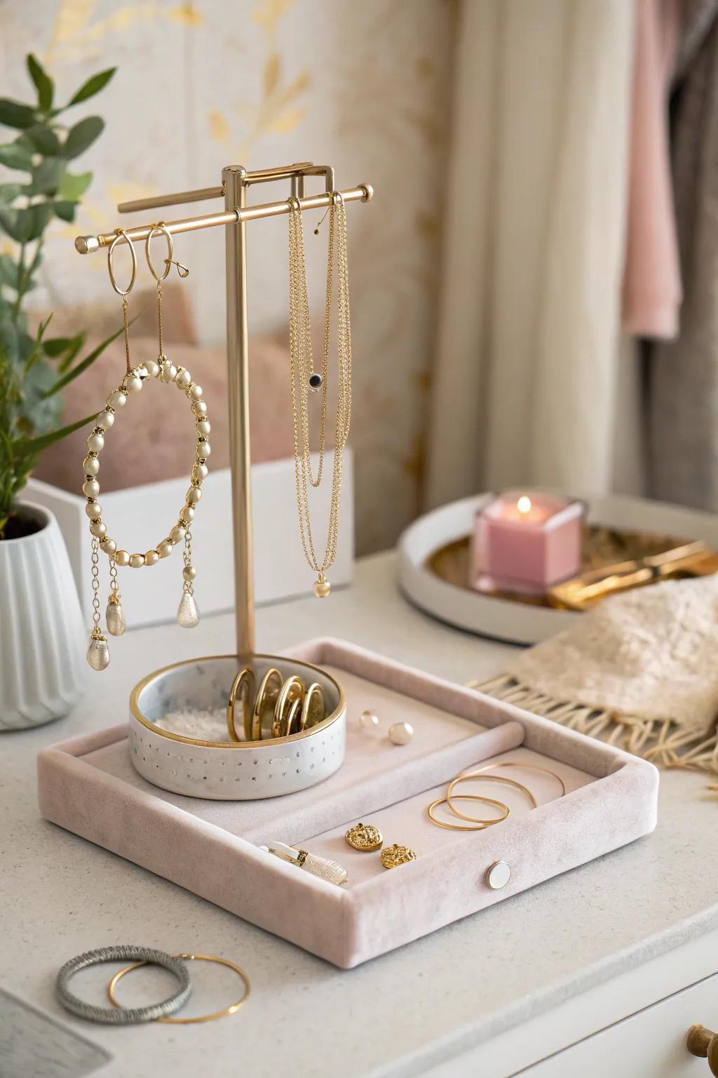 Elegance meets functionality with a jewelry stand, making accessorizing a breeze.