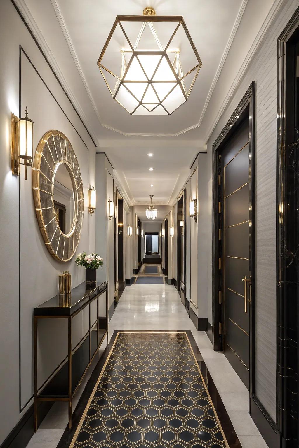 Geometric mirrors bring modern flair and intrigue to your hallway.