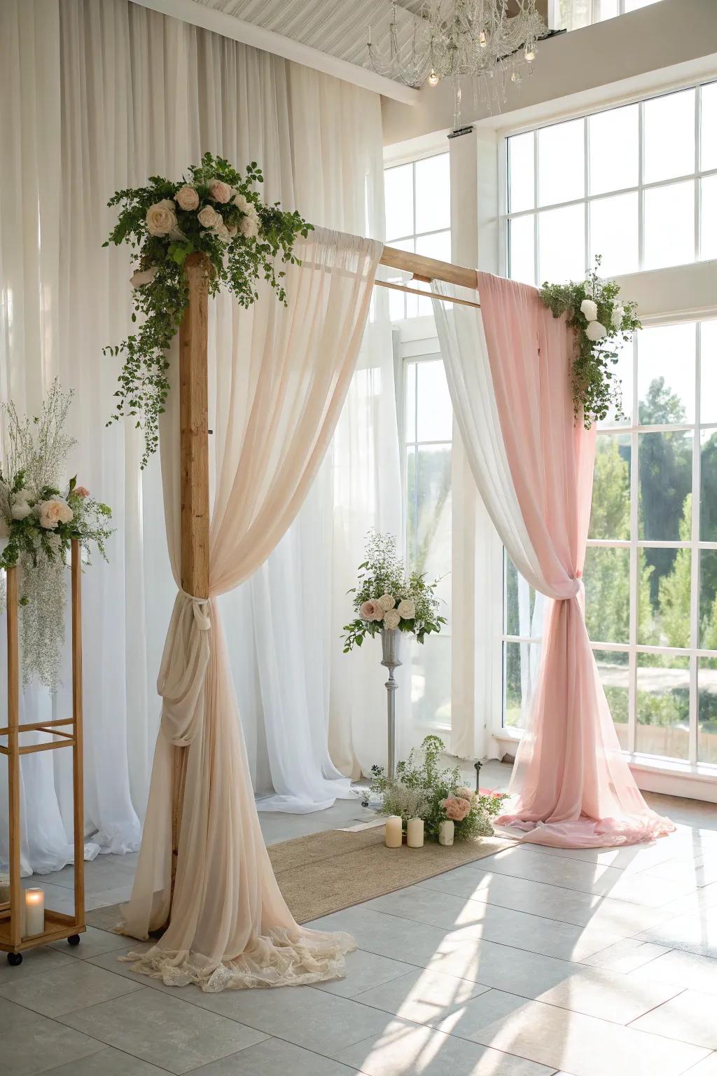 Embrace the subtle beauty of sheer fabrics for a backdrop that adds elegance and lightness.