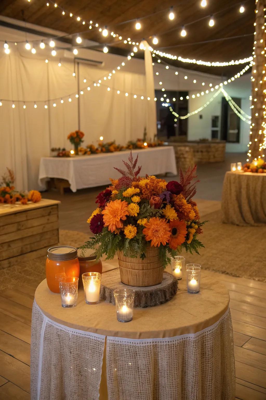 Create a magical ambiance with warm lighting that enhances the cozy fall atmosphere.
