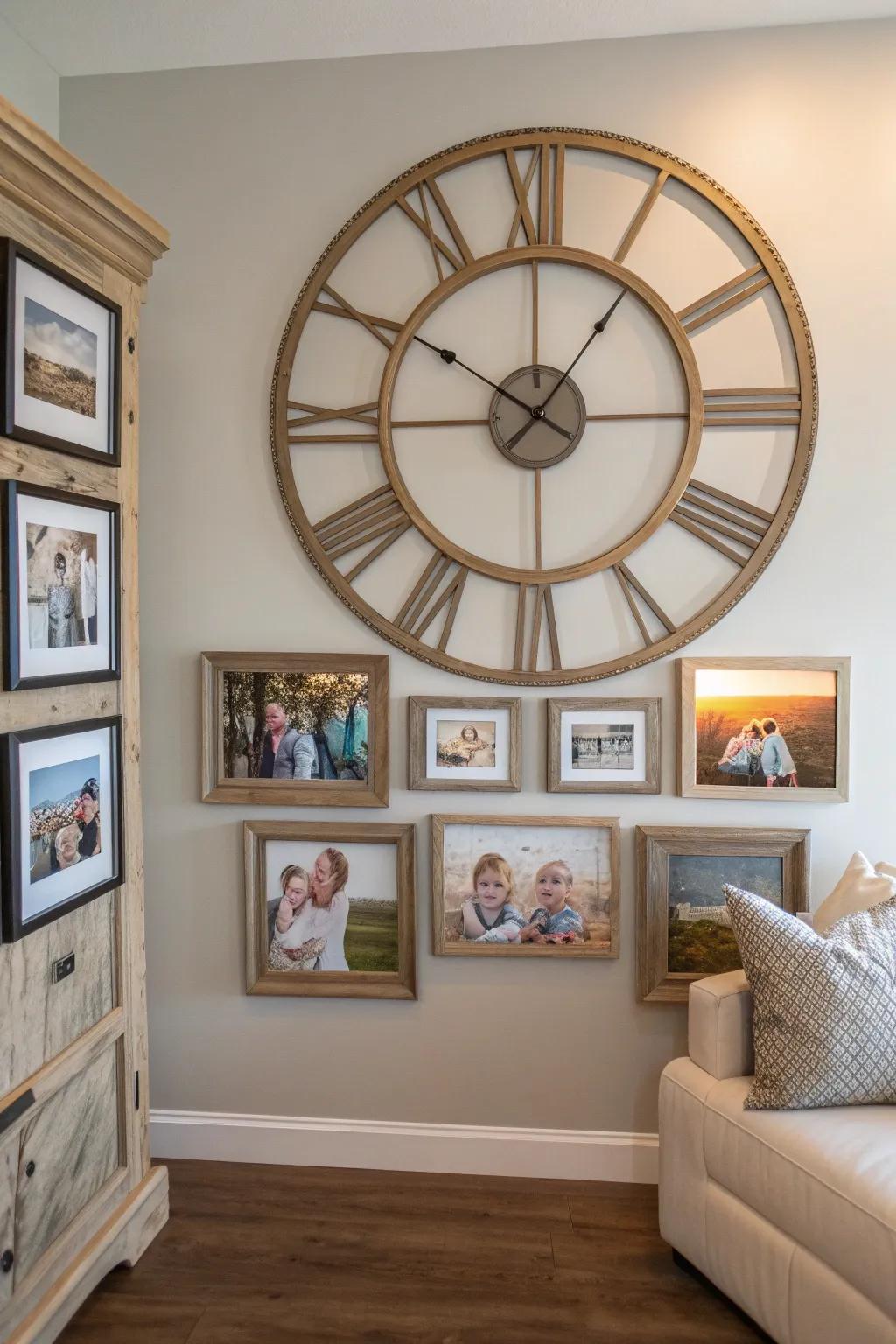 Enhance your photo wall by mixing in unique decor elements.