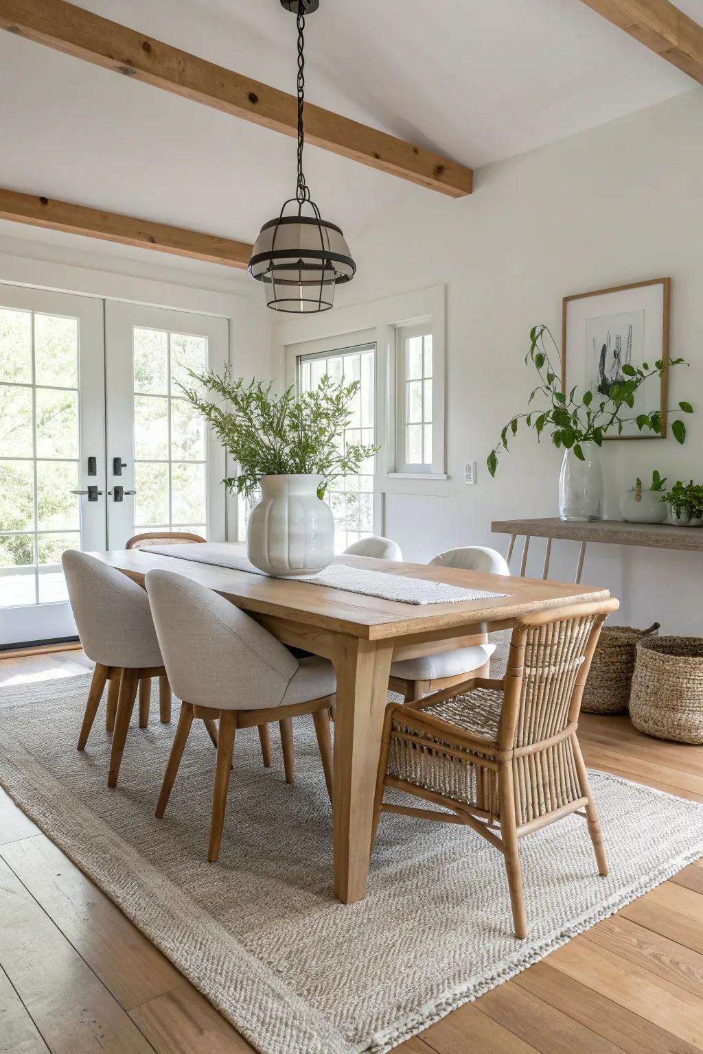 Washable rugs combine style and practicality, perfect for busy farmhouse dining spaces. 🧼 #WashableRugs #DiningRoomEssentials