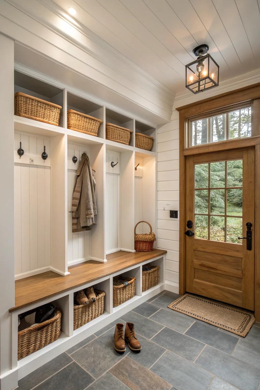 Create a tidy transition area with a mudroom setup, perfect for busy households.