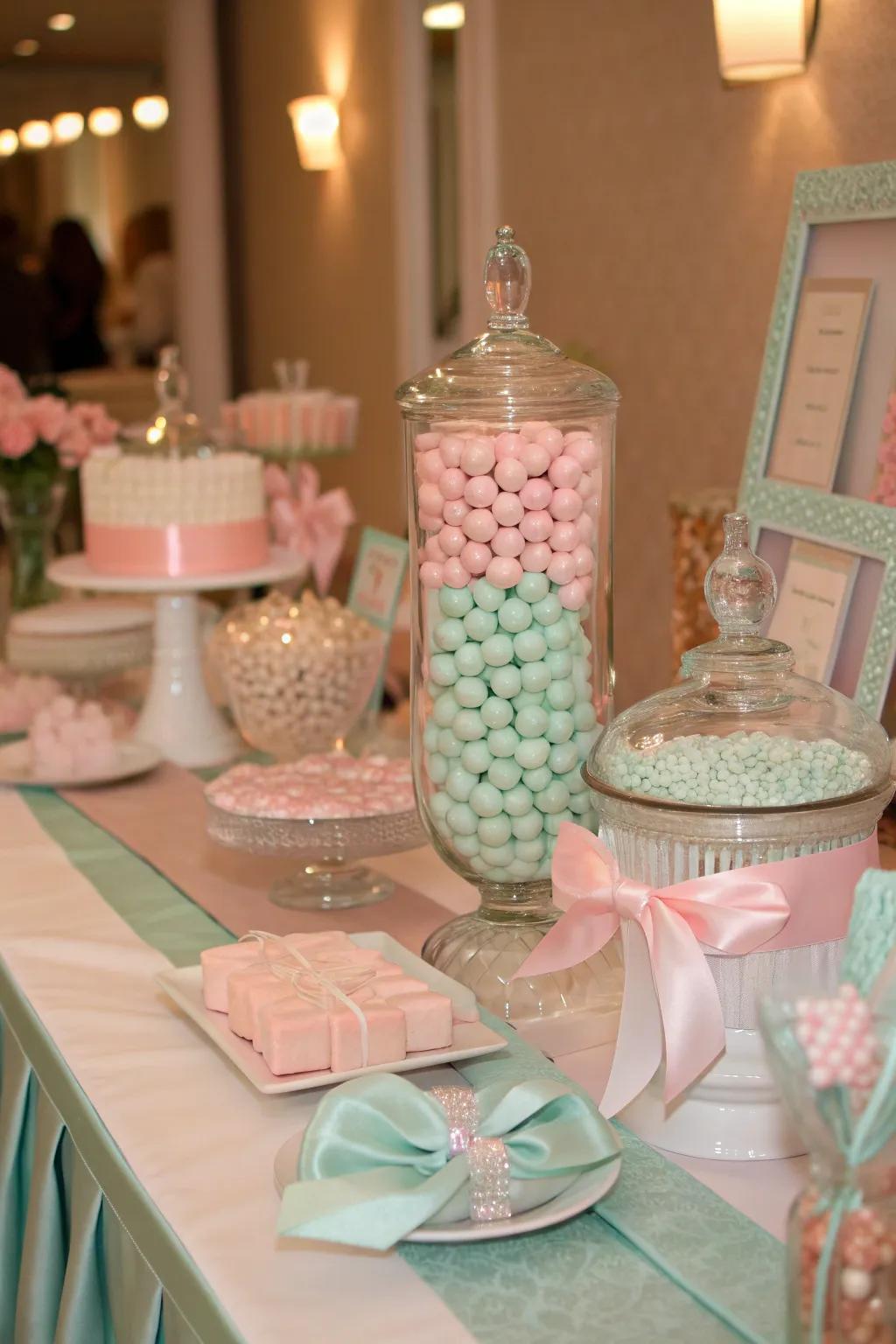Pastel colors set a tranquil and inviting tone for your candy table, perfect for a gentle celebration.