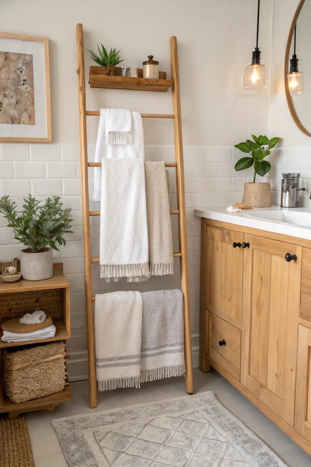 Integrated storage towel racks balance style with practicality.
