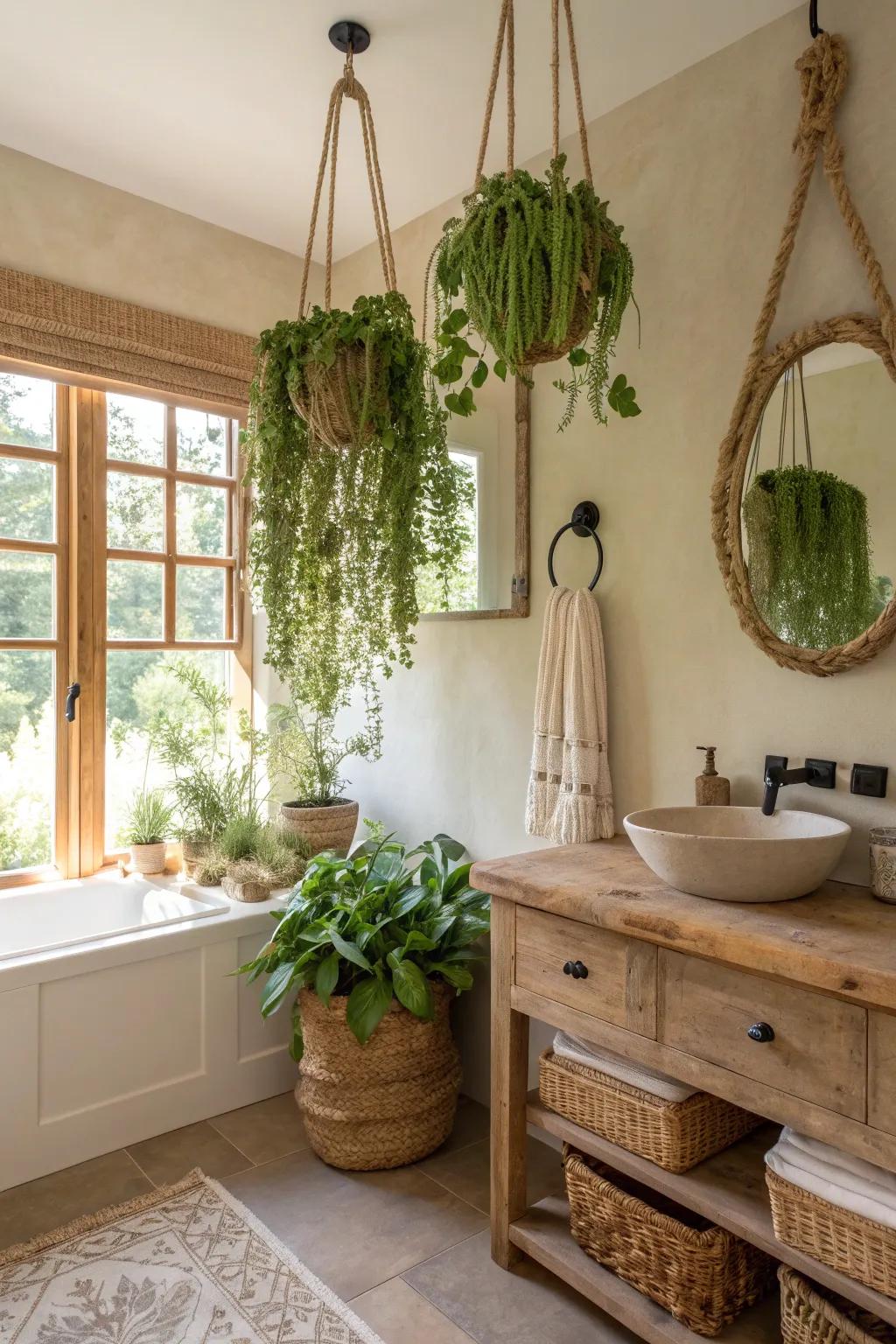 Natural materials like jute enhance any rustic bathroom decor, harmoniously blending with lush greenery.