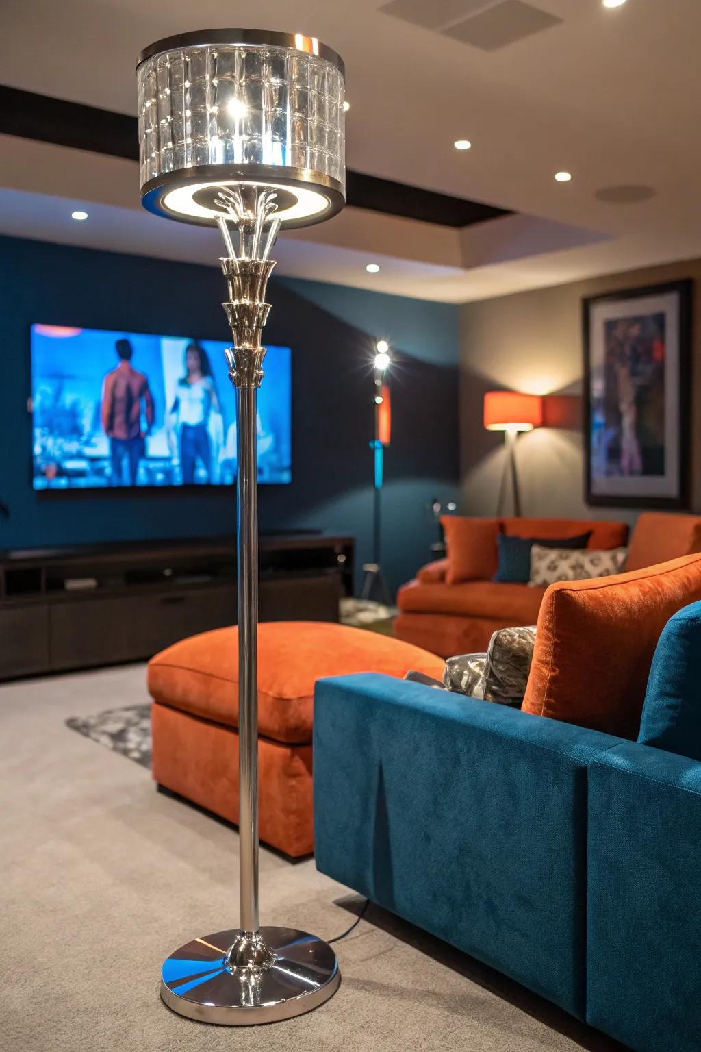 Floor lamps add elegance and practicality to your home theater.