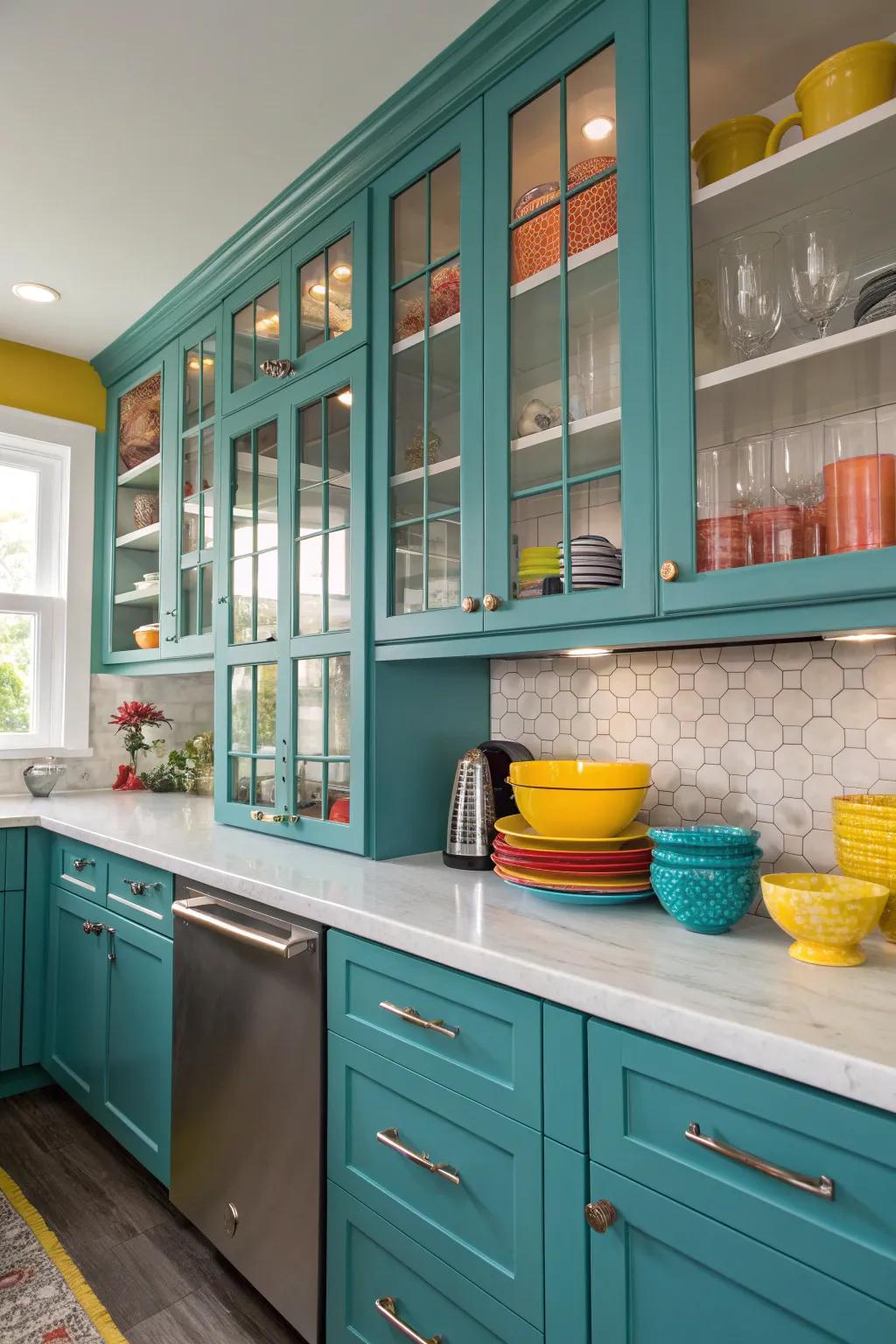 Add a touch of elegance with glass-front cabinets that showcase your kitchen's treasures.