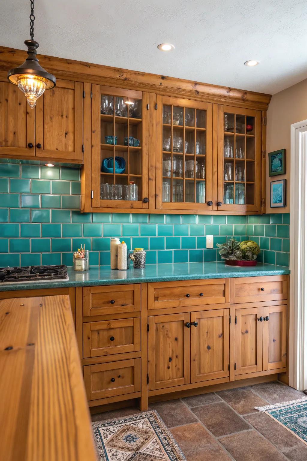 Infuse your kitchen with personality by pairing knotty pine cabinets with a vibrant backsplash.