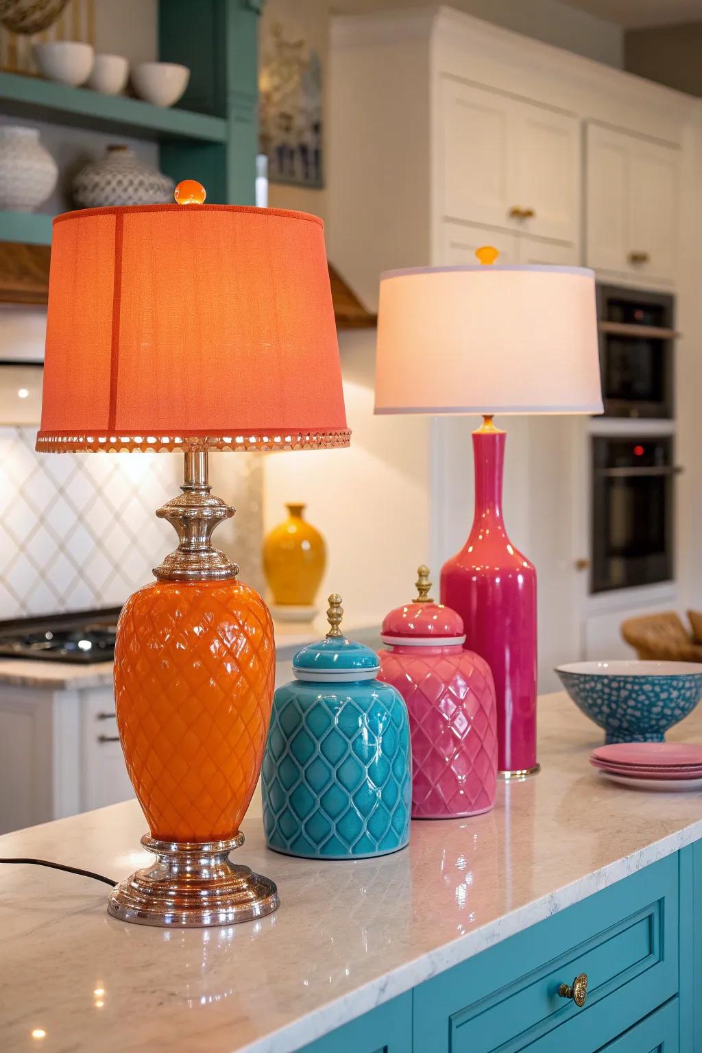 Create a unique kitchen look with an eclectic mix of lamps.