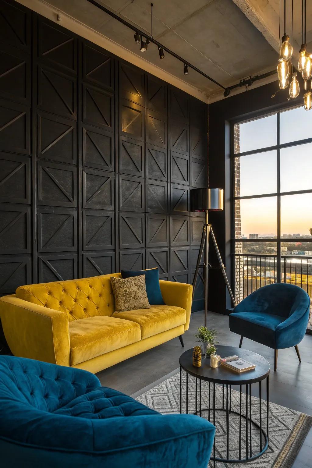 Black walls add a bold statement and timeless elegance to loft interiors.