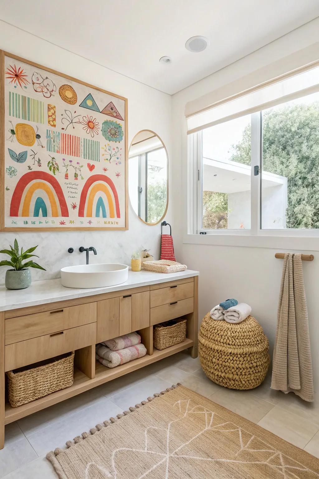 Artful touches bring life and personality to the bathroom, making it uniquely yours. 🎨 #ArtInHome #BathroomDecor