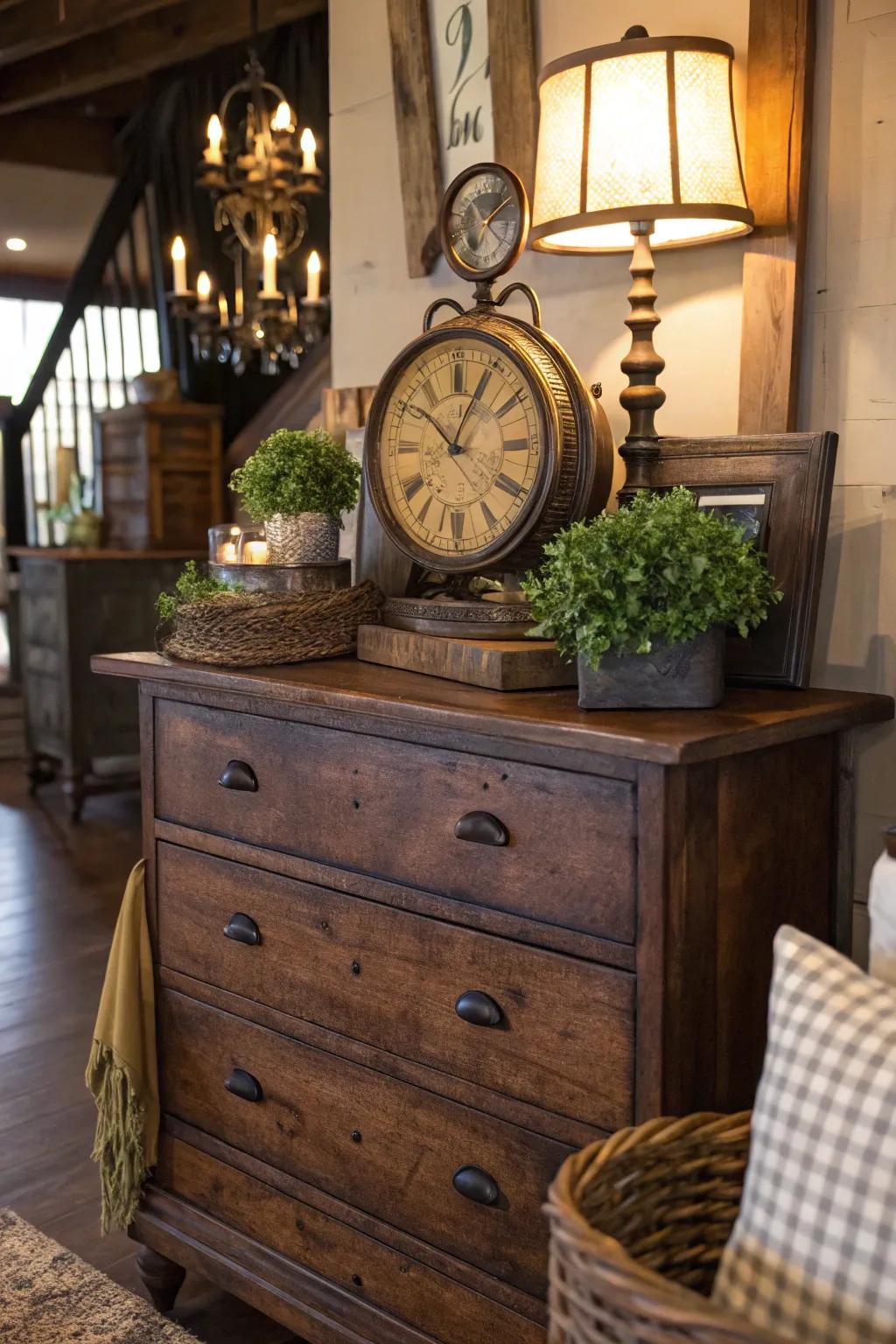 Rustic touches add warmth and character, transforming any dresser into a cozy focal point.