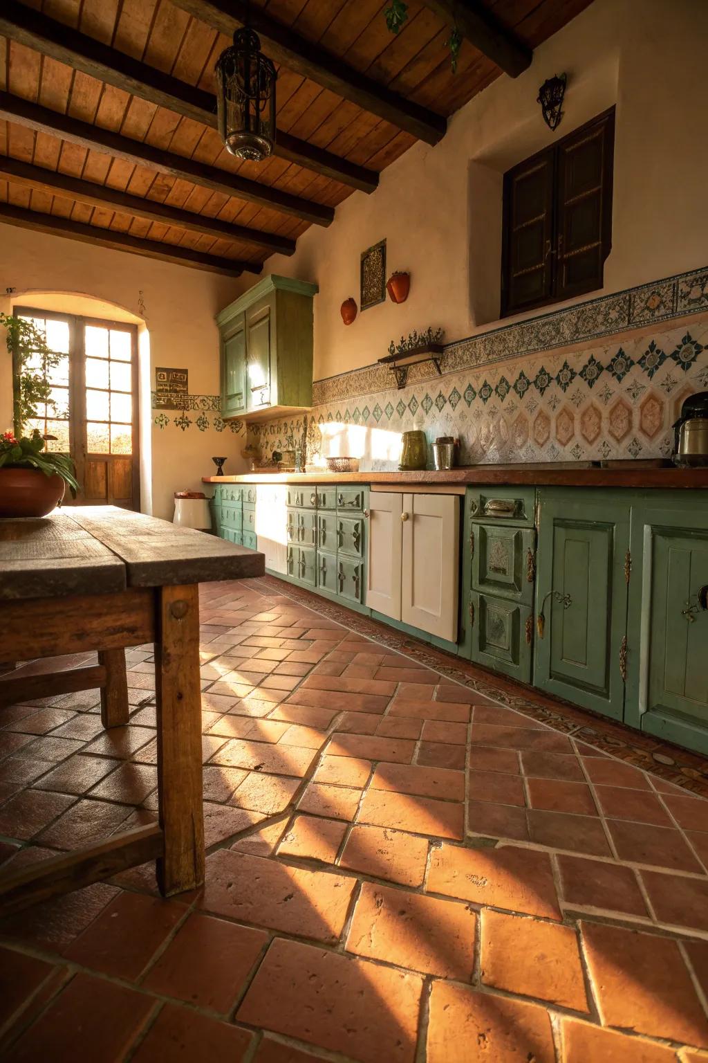 Terracotta floors invite warmth and spaciousness into your kitchen.