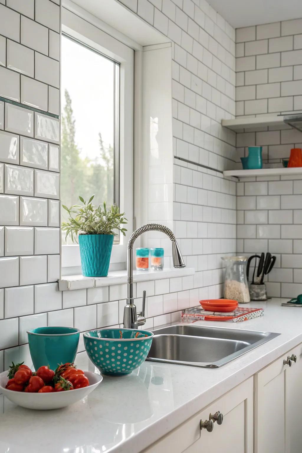 Achieve a bright and airy feel with minimalist white tiles that highlight clean lines and complement any decor.