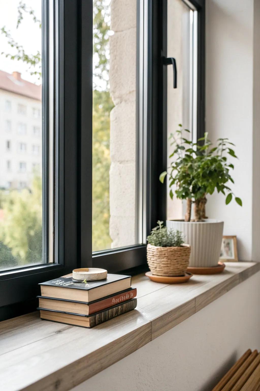 Sophistication meets modern style with bold black frames on window sills.