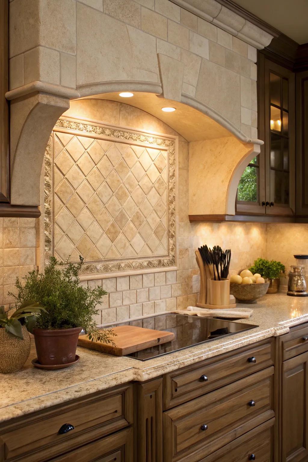 Travertine tiles introduce natural warmth and texture, ideal for creating a serene kitchen vibe.