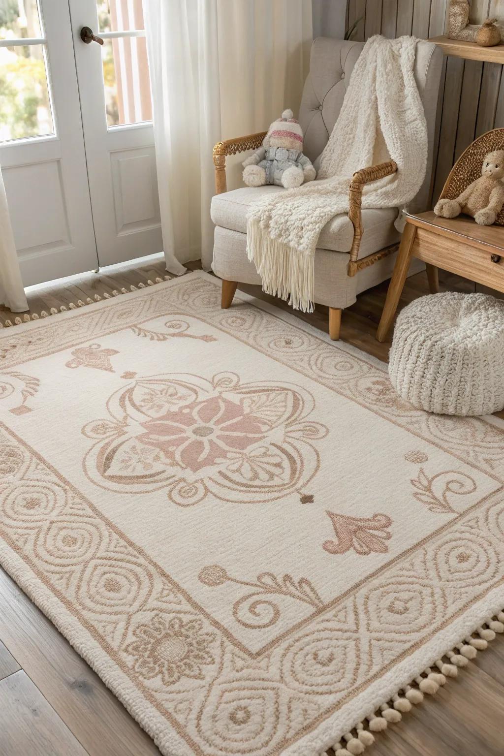 Achieve subtle elegance with a neutral rug that enhances the nursery's serene atmosphere.