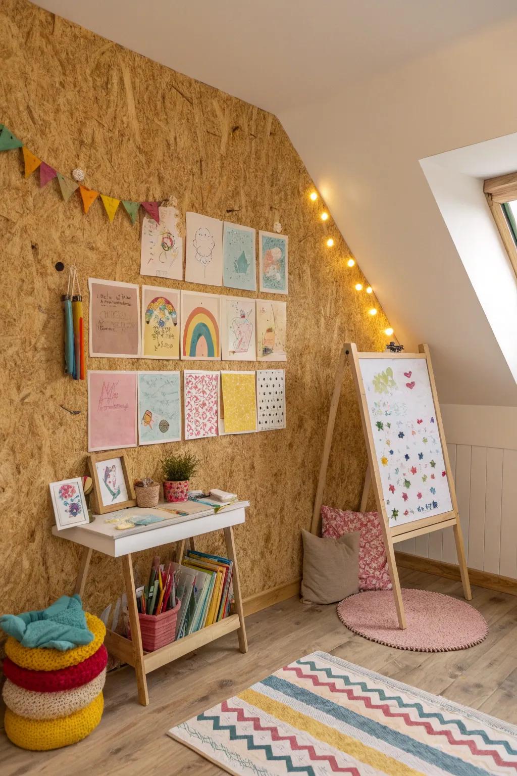 Encourage creativity with OSB board walls in playful children's rooms.