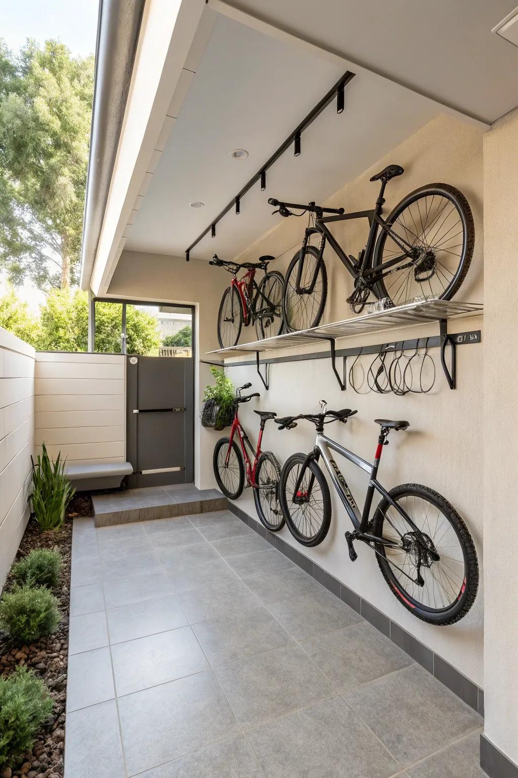 Efficiently use your wall space with hanging hooks that keep your bikes ready for the next ride.