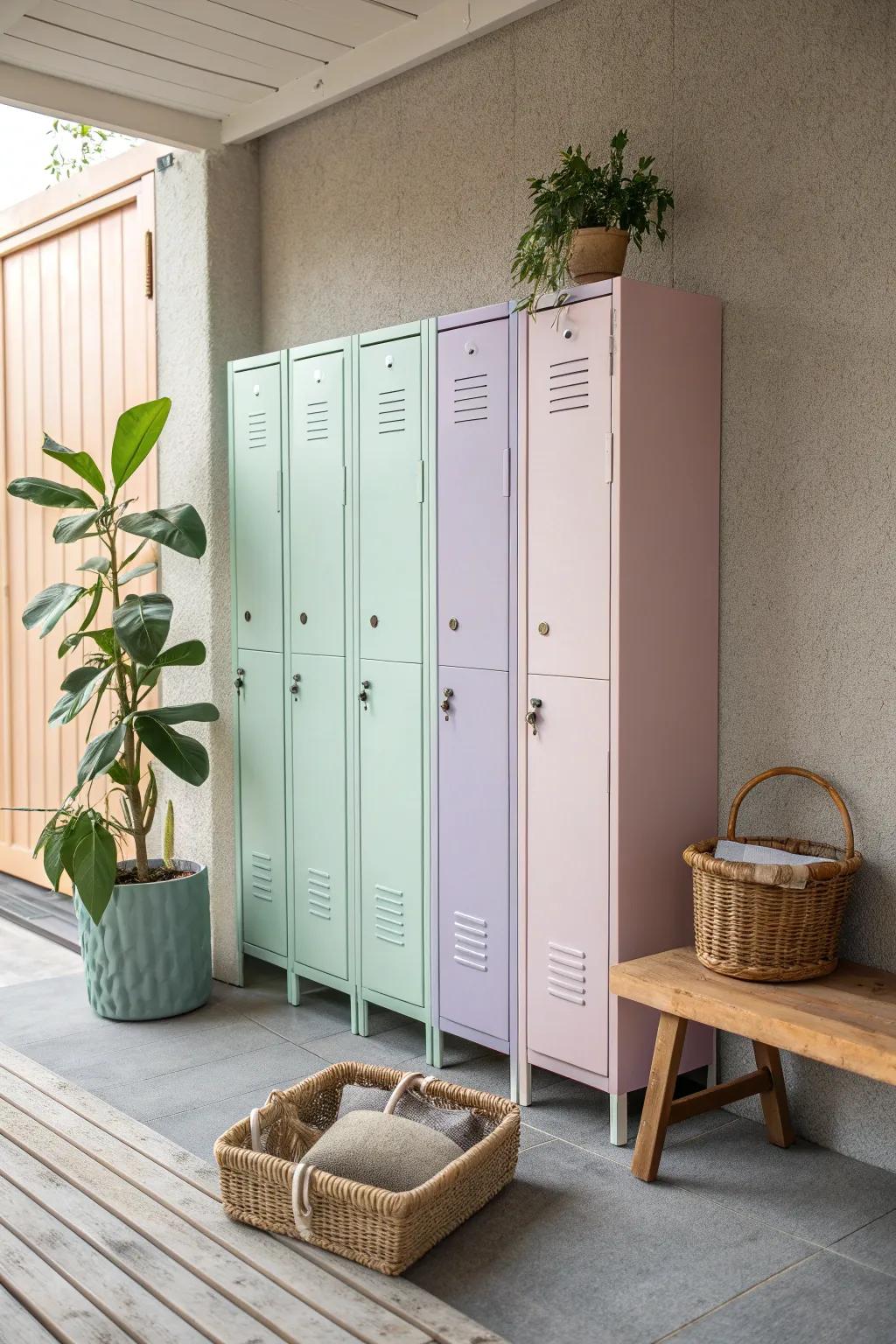 Create a serene space with pastel-colored lockers that add a gentle splash of color.