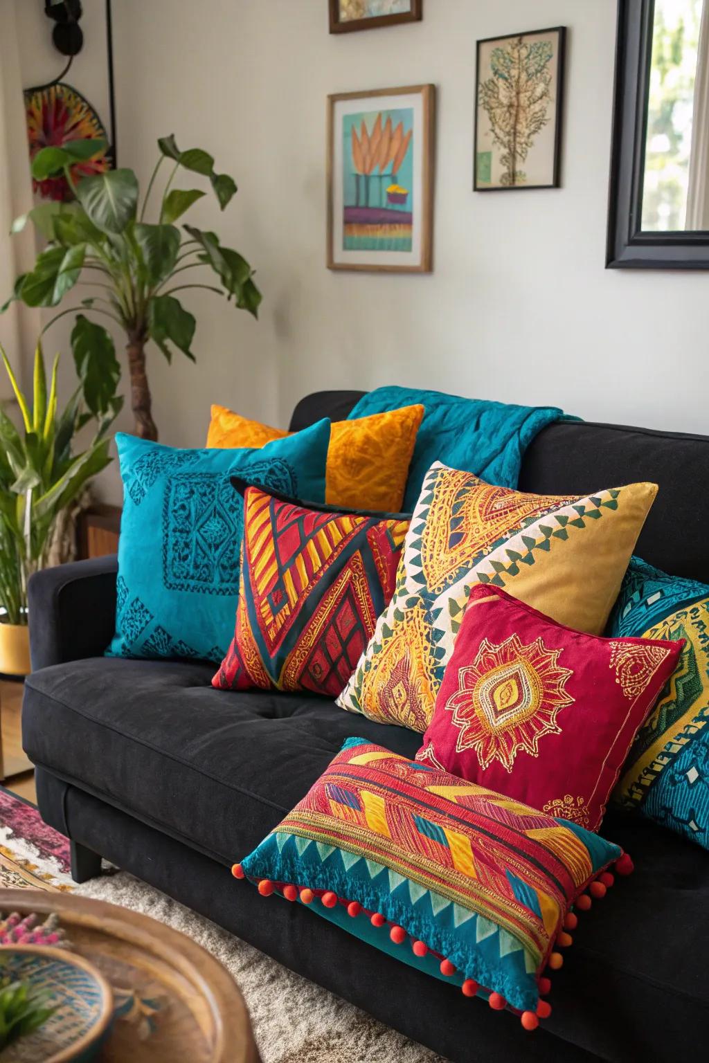Channel boho vibes with an eclectic mix of pillows for a relaxed, artistic flair.