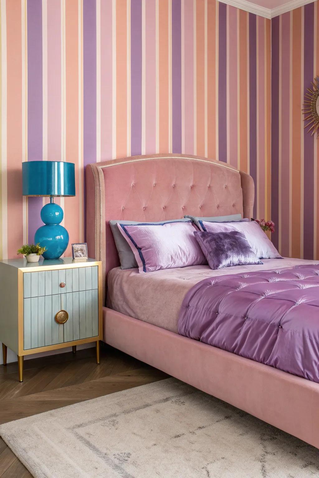 Pastel perfection with stripes and soft hues creates a charming bedroom oasis.